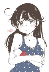  ahoge black_hair blue_one-piece_swimsuit breasts casual_one-piece_swimsuit commentary_request dated female kantai_collection kirisawa_juuzou limited_palette long_hair looking_at_viewer medium_breasts one-piece_swimsuit polka_dot polka_dot_swimsuit red_scrunchie scrunchie solo swimsuit tears ushio_(kancolle) ushio_(swimsuit_mode)_(kancolle) wrist_scrunchie 