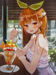  absurdres bare_arms bare_shoulders braid breasts commentary_request dress female haco_entertainment hair_ornament hair_ribbon haneiro highres holding long_hair looking_at_viewer medium_breasts open_mouth orange_eyes orange_hair parfait ribbon sleeveless sleeveless_dress smile snowflake_hair_ornament solo spaghetti_strap spoon strap_gap strap_slip tachibana_shiena virtual_youtuber white_dress 