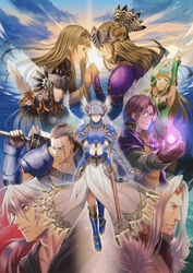  4boys 5girls alicia_(valkyrie_profile_2) armor armored_dress arngrim black_hair blonde_hair blue_eyes brown_hair freya_(valkyrie_profile) grey_hair helmet highres hrist_valkyrie lenneth_valkyrie lezard_valeth long_hair multiple_boys multiple_girls shoulder_pads shumizoku silmeria_valkyrie spell sword valkyrie_profile_(series) valkyrie_profile_2:_silmeria weapon winged_helmet 