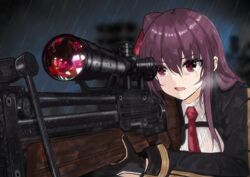  blurry blurry_background bullpup commentary female girls&#039;_frontline gloves gun highres koenza_botoke purple_eyes purple_hair rain reflection rifle scope sidelocks sniper_rifle solo wa2000_(girls&#039;_frontline) walther walther_wa_2000 weapon wet wet_clothes 