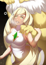  1boy blonde_hair breasts breath clenched_teeth commentary_request dress eyelashes female furry furry_male furry_with_non-furry green_eyes hadant hand_up holding holding_string hypno hypnosis interspecies long_hair looking_up lusamine_(pokemon) mind_control motion_blur multicolored_hair pendulum pokemon pokemon_(creature) pokemon_sm pokephilia sleeveless sleeveless_dress solo_focus straight streaked_hair string sweatdrop teeth veins white_dress 