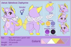  2_tails 3:2 absurd_res ambiguous_gender anthro auburn_eyes belly blue_border border chest_tuft english_text exadian head_tuft herm_(lore) hi_res hiro_catto horn janus_zephyrine model_sheet multi_tail solo star tail text tuft wings 