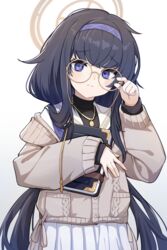  bags_under_eyes black_hair blue_archive blue_eyes blue_hairband blue_ribbon blush book cardigan cbmus closed_mouth commentary eyewear_strap female glasses gradient_background grey_cardigan hair_between_eyes hair_ribbon hairband halo highres holding holding_book jewelry long_hair long_sleeves looking_at_viewer low_twintails necklace pleated_skirt ribbon sailor_collar school_uniform serafuku simple_background skirt solo twintails ui_(blue_archive) upper_body very_long_hair white_skirt 