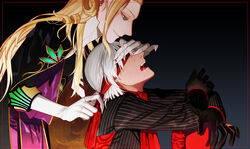  2boys antonio_salieri_(fate) antonio_salieri_(second_ascension)_(fate) black_gloves blonde_hair claws commentary_request covering_own_eyes drooling fate/grand_order fate_(series) formal gloves green_eyes grey_hair long_hair male_focus multiple_boys pinstripe_pattern pinstripe_suit sindri striped suit white_gloves wolfgang_amadeus_mozart_(fate) 