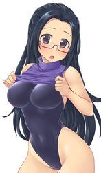  aimobake bad_id bad_twitter_id bespectacled black_hair black_one-piece_swimsuit breasts clothes_lift commentary_request covered_navel cowboy_shot egami_tsubaki female glasses head_tilt highleg highleg_swimsuit highres idolmaster idolmaster_cinderella_girls large_breasts lifting_own_clothes long_hair looking_at_viewer one-piece_swimsuit open_mouth purple_eyes purple_shirt red-framed_eyewear semi-rimless_eyewear shirt shirt_lift simple_background solo standing swimsuit turtleneck under-rim_eyewear white_background 