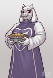  2022 anthro boss_monster_(undertale) bovid breasts caprine clothed clothing dessert eyebrows eyelashes female food fur goat hi_res holding_food holding_object holding_pie horn looking_at_viewer mammal mature_anthro mature_female pastry pie piercing rawslaw5 red_eyes solo toriel undertale undertale_(series) white_body white_fur 