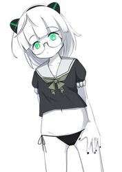  absurdres abyssal_plum_princess bad_id bad_twitter_id bikini black_bikini black_nails black_shirt blunt_bangs closed_mouth colored_skin female glasses green_eyes green_neckerchief highres horns inactive_account kantai_collection nail_polish nassukun navel neckerchief pale_skin sailor_collar shirt short_hair short_sleeves side-tie_bikini_bottom simple_background solo swimsuit white_background white_hair white_sailor_collar white_skin 