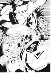  2boys absurdres american_football american_football_(object) american_football_helmet american_football_uniform ball border clenched_teeth eyeshield_21 from_side gaou_rikiya gloves greyscale helmet highres holding kobayakawa_sena male_focus monochrome multiple_boys murata_yuusuke official_art sanpaku scan shoulder_pads sportswear sweat teeth traditional_media white_border wide-eyed 