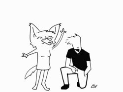  3_fingers 4:3 animated anon anthro bottomwear breasts canid canine canis cheek_tuft clothing deltav digitigrade dress duo ear_tuft eyelashes eyewear faceless_character faceless_male facial_tuft female fingers footwear glasses hair hand_in_pocket human kneeling lynn_(deltav) male male/female mammal monochrome pants pockets raised_arm shirt shoes short_hair short_playtime signature simple_background small_breasts smile sound_effects standing tail tail_motion tailwag topwear tuft white_background wolf 