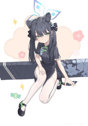  absurdres animal_ears black_footwear black_hair blue_archive breasts china_dress chinese_clothes dress female green_eyes hair_ornament halo highres iyasu_shikaku long_hair looking_at_viewer shun_(blue_archive) shun_(small)_(blue_archive) simple_background small_breasts smile solo thighhighs twintails white_background white_thighhighs 