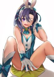  animal_ears asymmetrical_bangs bare_arms between_legs blue_bow blue_footwear blue_leotard blue_ribbon blush boots bow breasts cleavage commentary_request covering_crotch covering_privates eyebrows_hidden_by_hair fake_animal_ears feet_out_of_frame female fir_(fire_emblem) fir_(spring)_(fire_emblem) fire_emblem fire_emblem:_the_binding_blade fire_emblem_heroes footwear_bow glove_bow gloves hair_between_eyes hair_ribbon hand_between_legs hand_in_own_hair highres knee_boots leotard long_hair looking_at_viewer m_legs medium_breasts one_eye_closed open_mouth panda_inu parted_bangs playboy_bunny ponytail purple_eyes purple_hair rabbit_ears ribbon shadow simple_background sitting sleeveless solo spread_legs sweatdrop thighs two-tone_footwear white_background white_footwear white_gloves 