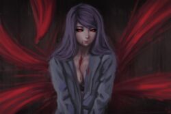  black_sclera blood bra breasts closed_mouth colored_sclera female kamishiro_rize long_hair looking_at_viewer miura-n315 purple_hair red_eyes shirt smile solo tokyo_ghoul underwear 