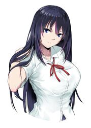  adjusting_hair aoi_misa bakkanki black_hair blue_eyes breasts collared_shirt commentary_request copyright_request dress_shirt female frown hair_flip hair_lift highres kandagawa_jet_girls large_breasts long_hair looking_at_viewer multicolored_hair pink_hair red_ribbon ribbon serious shirt short_sleeves simple_background solo streaked_hair upper_body v-shaped_eyebrows very_long_hair white_background white_shirt 