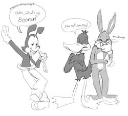  anatid animaniacs anseriform anthro avian bird bottomwear bugs_bunny carrot clothed clothing crossed_arms daffy_duck dialogue duck english_text feathers food gloves group hands_over_mouth handwear hi_res holding_carrot holding_food holding_object holding_vegetable inkblot lagomorph leporid looney_tunes male mammal monochrome pants plant rabbit safetypinpals simple_background snickering speech_bubble teeth text trio vegetable warner_brothers whiskers yakko_warner 