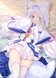  animal_ears azur_lane bell blush fake_animal_ears female flower hair_between_eyes hair_flower hair_ornament hair_ribbon highres hood japanese_clothes kimono lace lace-trimmed_legwear lace_trim long_hair long_sleeves looking_at_viewer lying on_back on_water open_mouth purple_eyes ribbon smile solo thighhighs twintails uranami_(azur_lane) white_hair white_kimono white_thighhighs wide_sleeves yano_mitsuki_(nanairo) 