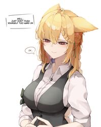  absurdres animal_ears arknights black_vest blonde_hair braid buttons collared_shirt english_text female fingers_together hair_between_eyes hair_ribbon highres kroos_(arknights) kroos_the_keen_glint_(arknights) long_hair official_alternate_costume rabbit_ears red_eyes ribbon shirt simple_background smile solo speech_bubble unusually_open_eyes upper_body vest white_background white_shirt yuu_azma 