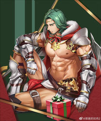  1boy abs absurdres anjingkuxiao bara bare_pectorals beard bow bowtie box cape chest_harness christmas facial_hair feet_out_of_frame fire_emblem fire_emblem:_three_houses fur-trimmed_cape fur_trim gauntlets gift gift_box green_hair harness highres large_pectorals leather looking_at_viewer male_focus mature_male muscular muscular_male navel nipples pectorals pelvic_curtain protected_link santa_costume seteth_(fire_emblem) short_hair sitting snowflake_print solo stomach thighs 