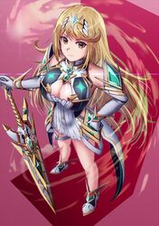  aegis_sword_(xenoblade) bare_legs bare_shoulders blonde_hair breasts chest_jewel cleavage cleavage_cutout clothing_cutout dress earrings elbow_gloves female full_body gem gloves headpiece highres jewelry large_breasts long_hair mythra_(xenoblade) origami_yakko short_dress swept_bangs thigh_strap tiara very_long_hair white_dress white_footwear white_gloves xenoblade_chronicles_(series) xenoblade_chronicles_2 yellow_eyes 