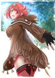  disguised_pyra_(xenoblade) earrings female fingerless_gloves gloves highres jewelry official_alternate_costume pyra_(xenoblade) red_eyes red_hair red_shorts shikamax2 short_hair short_shorts shorts solo swept_bangs xenoblade_chronicles_(series) xenoblade_chronicles_2 