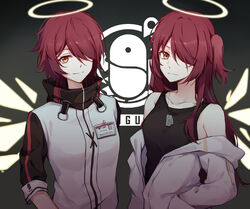  2girls absurdres arknights asymmetrical_hair black_background black_tank_top breasts chinese_commentary closed_mouth detached_wings dog_tags dual_persona exusiai_(arknights) gemi_25 hair_between_eyes hair_over_one_eye halo hand_in_pocket highres id_card jacket jewelry long_hair looking_at_viewer medium_breasts multiple_girls necklace off_shoulder open_clothes open_jacket orange_eyes penguin_logistics_logo red_hair short_hair side_ponytail simple_background sleeveless smile tank_top upper_body white_jacket wings 