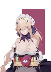  apron bad_id bad_pixiv_id bare_shoulders bianca_(punishing:_gray_raven) black_dress black_gloves blonde_hair bow bowtie breasts cleavage dress female fish food gloves green_eyes hair_between_eyes hair_intakes highres huang_(volt0526) large_breasts long_hair looking_at_viewer maid maid_apron maid_headdress omelet onigiri photoshop_(medium) punishing:_gray_raven sausage solo tamagoyaki upper_body very_long_hair white_apron 