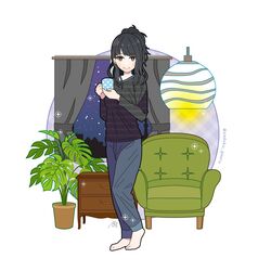  barefoot black_hair blue_eyes chair closed_mouth commentary_request cup female highres holding holding_cup idolmaster idolmaster_shiny_colors indoors kazano_hiori lamp living_room long_hair long_sleeves looking_at_viewer mole mole_under_mouth pants plant ponytail potted_plant smile solo standing sweater sweatpants window yadokugaeru 