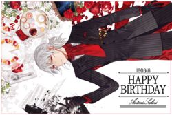  1boy antonio_salieri_(fate) antonio_salieri_(second_ascension)_(fate) black_gloves commentary_request cup dated fate/grand_order fate_(series) food formal from_above fruit gloves grey_hair happy_birthday ink lying male_focus pinstripe_pattern pinstripe_suit pomegranate quill red_eyes sheet_music sindri solo spill striped suit teacup 