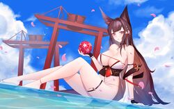  amagi_(azur_lane) amagi_(wending_waters_serene_lotus)_(azur_lane) animal_ears azur_lane ball bare_shoulders bikini black_gloves blue_sky breasts brown_hair brown_sash center_opening cloud female fingerless_gloves full_body gloves highres holding holding_ball kingfisher_(8642) kitsune large_breasts long_hair looking_at_viewer multiple_torii official_alternate_costume open_bikini open_clothes outdoors petals purple_eyes see-through sitting_on_water sky solo swimsuit swimsuit_tug thigh_strap torii very_long_hair water white_bikini 