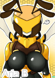  2021 antennae_(anatomy) anthro aria_b_(salty_cupcake) arthropod bee big_breasts biped black_body breasts digital_media_(artwork) featureless_breasts female hi_res hymenopteran insects machine outline question_mark robot signature simple_background solo text visor white_outline wings woebeeme yellow_background 