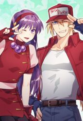  1boy asamiya_athena baseball_cap belt black_shorts blonde_hair blue_eyes blush bomber_jacket denim earrings fatal_fury fatal_fury_cap female fingerless_gloves gloves grin hair_ornament hairband hat jacket jeans jewelry long_hair looking_at_viewer one_eye_closed open_mouth pants ponytail purple_eyes purple_hair red_hairband short_hair shorts smile star_(symbol) star_hair_ornament taki_(nakochan) tank_top terry_bogard the_king_of_fighters the_king_of_fighters_&#039;98 v vest 