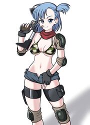  asymmetrical_bangs bandaid bandaid_on_face bikini blue_eyes blue_hair blue_shorts breasts bulma_briefs camouflage camouflage_bikini commentary_request dragon_ball dragon_ball_(classic) elbow_pads eron female fingerless_gloves gloves gun highres knee_pads long_hair looking_at_viewer machine_gun medium_breasts navel one_side_up open_clothes open_shorts raised_eyebrow red_scarf scarf short_shorts shorts shoulder_pads smile solo stomach swimsuit thigh_strap weapon 