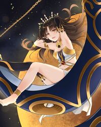  armpits arms_up barefoot bikini black_eyes black_hair breasts crown eyebrows_hidden_by_hair fate/grand_order fate_(series) female gloves highres hizuki_higure ishtar_(fate) long_hair looking_at_viewer open_mouth sitting smile solo space swimsuit twintails venus_(planet) 