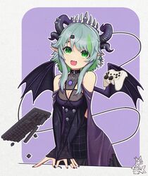  absurdres apricot_the_lich apricot_the_lich_(1st_costume) blue_hair breasts catarackta cleavage cleavage_cutout clothing_cutout colored_inner_hair computer_keyboard demon_girl demon_wings earrings fangs female fishnets green_eyes green_hair highres horns jewelry looking_at_viewer medium_breasts multicolored_hair multiple_horns oerba_yun_fang open_mouth playstation_controller pointy_ears short_hair skin_fang skull slit_pupils smile solo tiara virtual_youtuber vshojo wings 