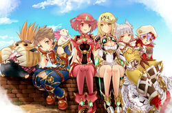  1boy 4girls animal_ears bad_id bad_pixiv_id blonde_hair blunt_bangs bodysuit breasts cat_ears cleavage commentary_request grey_hair highres large_breasts multiple_girls mythra_(xenoblade) nia_(xenoblade) nopon partial_commentary poppi_(xenoblade) poppi_alpha_(xenoblade) pyra_(xenoblade) red_eyes red_hair rex_(xenoblade) shiroxai short_hair tora_(xenoblade_2) xenoblade_chronicles_(series) xenoblade_chronicles_2 yellow_bodysuit yellow_eyes 