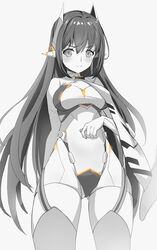  android ass_visible_through_thighs bare_shoulders blush breasts cowboy_shot female from_below greyscale highleg highleg_leotard highres kiiro_kimi leotard long_hair looking_at_viewer medium_breasts monochrome poppi_(xenoblade) poppi_qtpi_(xenoblade) robot_ears smile solo thighhighs white_background xenoblade_chronicles_(series) xenoblade_chronicles_2 