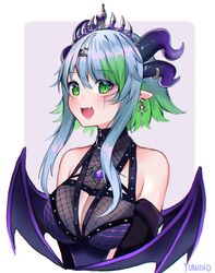  apricot_the_lich apricot_the_lich_(1st_costume) blue_hair breasts cleavage cleavage_cutout clothing_cutout colored_inner_hair demon_girl demon_wings fangs female green_eyes green_hair highres horns jewelry multicolored_hair multiple_horns oerba_yun_fang skin_fang smile solo tiara virtual_youtuber vshojo wings yuniiho 