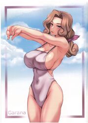  absurdres arms_up bare_shoulders breasts brown_hair cloud collarbone covered_navel female hands_up highleg highleg_swimsuit highres interlocked_fingers large_breasts lips long_hair looking_at_viewer low-tied_long_hair medium_breasts one-piece_swimsuit palina_(pokemon) parted_bangs parted_lips pokemon pokemon_legends:_arceus purple_eyes scan simple_background sky solo swimsuit takecha thighs 