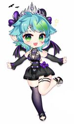  apricot_the_lich apricot_the_lich_(1st_costume) bad_id bad_twitter_id bat_(animal) blue_hair breasts chibi cleavage cleavage_cutout clothing_cutout colored_inner_hair demon_girl demon_wings female fishnets green_eyes green_hair highres horns jewelry leg_up loggi medium_breasts miniskirt multicolored_hair multiple_horns oerba_yun_fang short_hair single_thighhigh skirt skull smile solo star_(symbol) thighhighs tiara virtual_youtuber vshojo white_background wings 