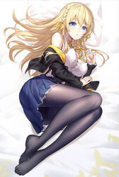  artist_name bare_shoulders bed_sheet black_jacket black_pantyhose blonde_hair blue_eyes blue_skirt braid breasts cleavage commentary_request feet female full_body hair_between_eyes hair_ribbon highres jacket large_breasts legs long_hair long_sleeves looking_at_viewer lying no_shoes off_shoulder on_side open_clothes open_jacket original pantyhose parted_lips pillow pleated_skirt ribbon ririko_(zhuoyandesailaer) saegusa_futaba shirt skirt sleeveless sleeveless_shirt sleeves_past_wrists solo toes very_long_hair watermark white_shirt yellow_ribbon 