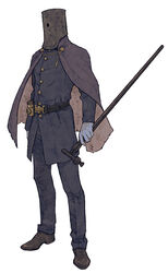  1boy belt bloodborne brown_footwear cane chains cloak commentary_request gloves hatching_(texture) helmet holding holding_cane lantern male_focus partial_commentary photoshop_(medium) police police_uniform simple_background solo standing torn_cloak torn_clothes uniform valtr_(bloodborne) white_background white_gloves y_(chos) 