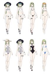  azur_lane bikini black_bikini clothes_tug eyewear_on_head female green_hair gujianshaonu highres littorio_(azur_lane) littorio_(the_glory_of_naples)_(azur_lane) multicolored_hair multiple_views streaked_hair sunglasses swimsuit variations watch wristwatch 