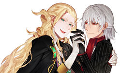  2boys antonio_salieri_(fate) antonio_salieri_(second_ascension)_(fate) black_gloves blonde_hair commentary_request drill_hair elbow_gloves fate/grand_order fate_(series) formal gloves green_eyes grey_hair half_updo holding_hands interlocked_fingers jewelry long_hair looking_at_viewer male_focus multiple_boys pinstripe_pattern pinstripe_suit red_eyes red_scarf ring scarf sindri striped suit very_long_hair white_gloves wolfgang_amadeus_mozart_(fate) 