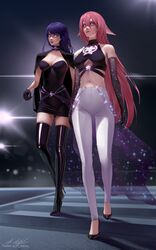  2girls animal_ears bare_shoulders boots breasts cape choker contemporary diffraction_spikes dress elbow_gloves fox_ears fox_girl genshin_impact gloves glowing glowing_eyes hair_between_eyes high_heel_boots high_heels highres hime_cut jewelry latex latex_boots long_hair m_alexa medium_breasts mitsudomoe_(shape) multiple_girls necklace night pants pink_eyes pink_hair purple_hair raiden_shogun signature sparkle thigh_boots tomoe_(symbol) walkway watermark white_pants yae_miko 