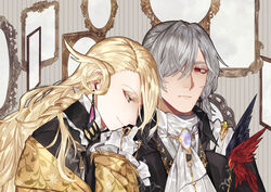  2boys antonio_salieri_(fate) antonio_salieri_(masquerade_of_the_vampire)_(fate) ascot blonde_hair commentary corsage curly_hair fate/grand_order fate_(series) gloves green_eyes grey_hair jewelry long_hair male_focus multiple_boys opal_(gemstone) red_eyes ring sindri white_gloves wolfgang_amadeus_mozart_(fate) wolfgang_amadeus_mozart_(masquerade_of_the_vampire)_(fate) 