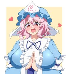  :d blue_hat border breasts commentary_request drooling female hat highres large_breasts long_sleeves looking_at_viewer mob_cap open_mouth own_hands_clasped own_hands_together pink_eyes pink_hair saigyouji_yuyuko short_hair simple_background smile solo tasuku_(tusktouhou4) touhou triangular_headpiece upper_body white_border yellow_background 