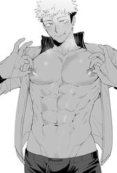  1boy abs bara bare_pectorals blush closed_mouth commentary facial_mark greyscale highres itadori_yuuji jacket jujutsu_kaisen large_pectorals looking_at_viewer male_focus mawaru_(ajan) monochrome muscular muscular_male navel nipple_stimulation nipple_tweak nipples open_clothes open_jacket pants pectorals scar scar_on_face scar_on_forehead scar_on_mouth short_hair smile solo sweat symbol-only_commentary tweaking_own_nipple twitter_username undercut 