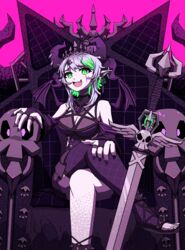  absurdres apricot_the_lich apricot_the_lich_(1st_costume) black_nails blue_hair breasts cleavage cleavage_cutout clothing_cutout colored_inner_hair commentary_request demon_girl demon_wings female fishnets green_eyes green_hair highres horns jewelry medium_breasts multicolored_hair multiple_horns oerba_yun_fang open_mouth potterzilla purple_background single_thighhigh skeleton skin_fang skull sword thighhighs tiara virtual_youtuber vshojo weapon wings 