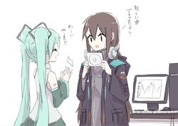  2girls aqua_eyes aqua_hair arknights bare_shoulders black_skirt black_sleeves brown_hair cd clapping closed_eyes commentary computer detached_sleeves doctor_(arknights) female_doctor_(arknights) grey_shirt hair_ornament hard_drive hatsune_miku headphones headphones_around_neck holding_cd instrument jacket keyboard_(instrument) long_hair master_(vocaloid) multiple_girls nejikyuu shirt shoulder_tattoo skirt sleeveless sleeveless_shirt smile tattoo translated twintails very_long_hair vocaloid 