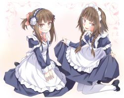  2girls apron black_footwear blue_dress blunt_bangs bow braid brown_eyes brown_hair commentary_request dress hairbow ina_(inadahime) long_sleeves maid maid_apron maid_headdress multiple_girls original pantyhose ponytail puffy_sleeves shoes skirt_hold twin_braids white_apron white_legwear 