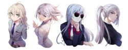  4girls ahoge ak-12_(girls&#039;_frontline) ak-12_(lucia)_(girls&#039;_frontline) ak-15_(erwin)_(girls&#039;_frontline) ak-15_(girls&#039;_frontline) an-94_(antje)_(girls&#039;_frontline) an-94_(girls&#039;_frontline) belt blue_eyes braid breasts closed_eyes closed_mouth collared_shirt commentary cropped_torso english_commentary formal girls&#039;_frontline glasses grey_hair hand_on_own_chin head_rest highres jacket long_hair long_sleeves looking_at_viewer medium_hair multiple_girls necktie niac office_lady official_alternate_costume open_mouth ponytail purple_eyes rpk-16_(girls&#039;_frontline) rpk-16_(renate)_(girls&#039;_frontline) shirt side_braid simple_background smile suit sunglasses upper_body white_background white_shirt 